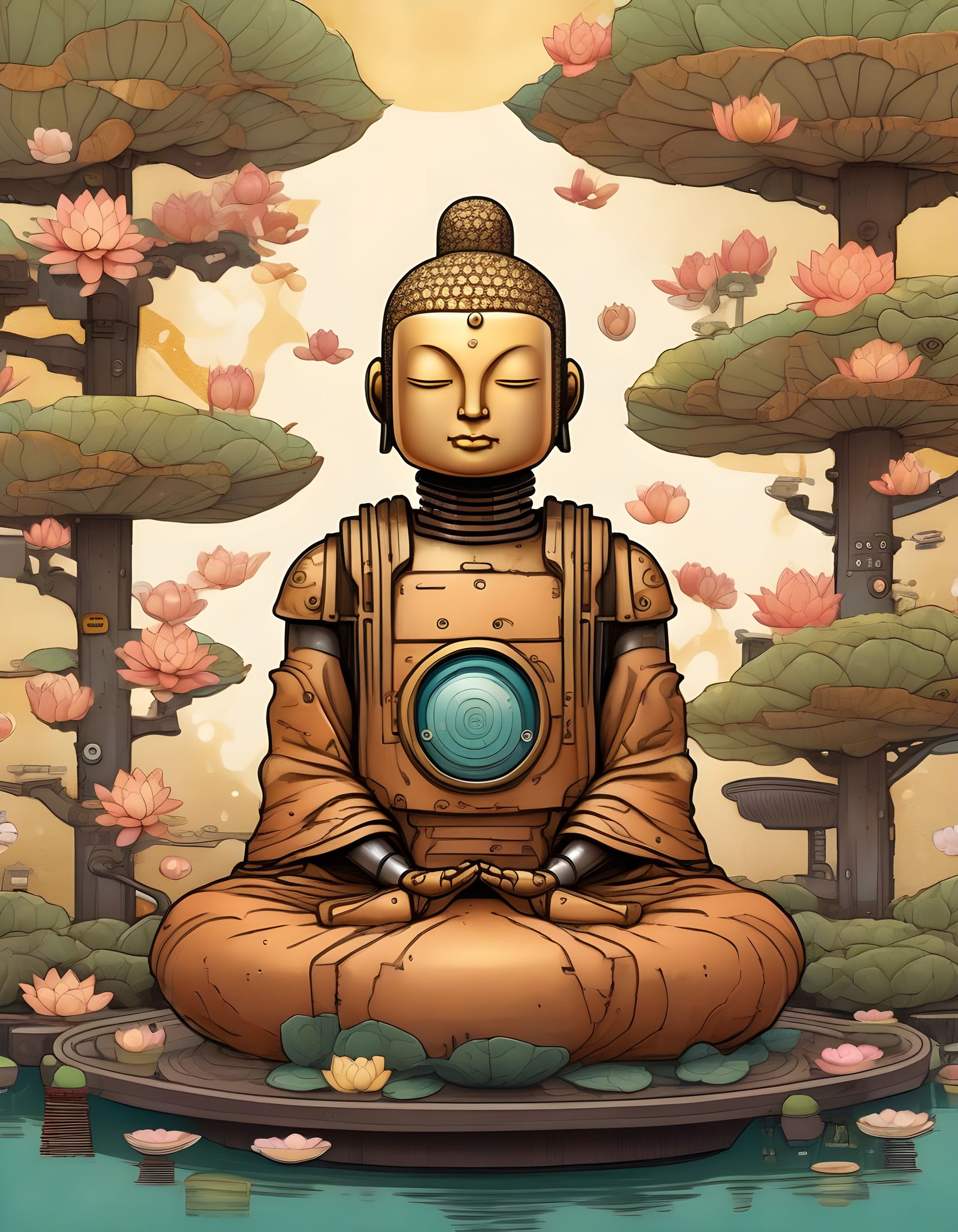 Steampunk Buddha Robot in Surreal Comic Style