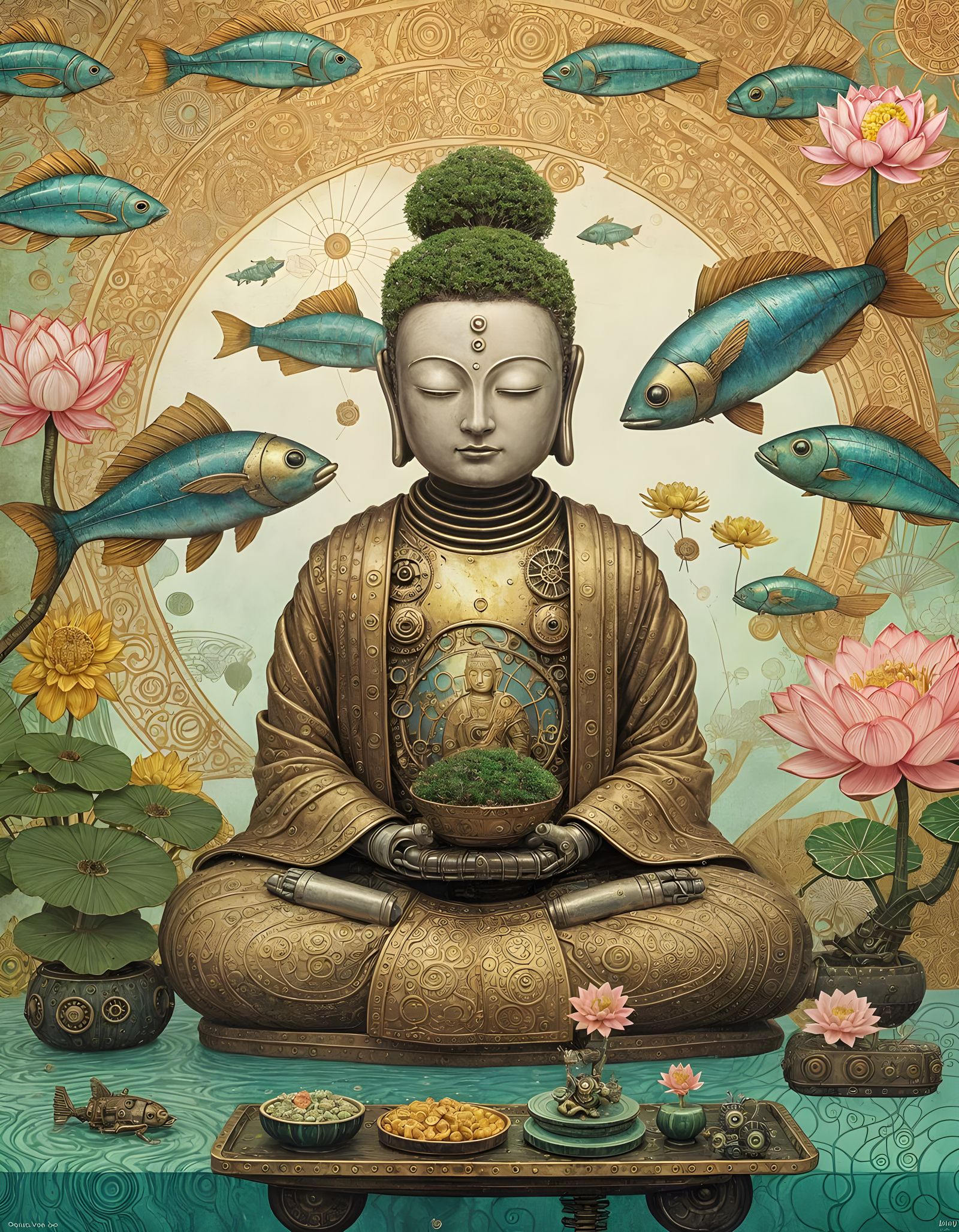 Steampunk Buddha Robot Meditating with Bonsai and Sushi