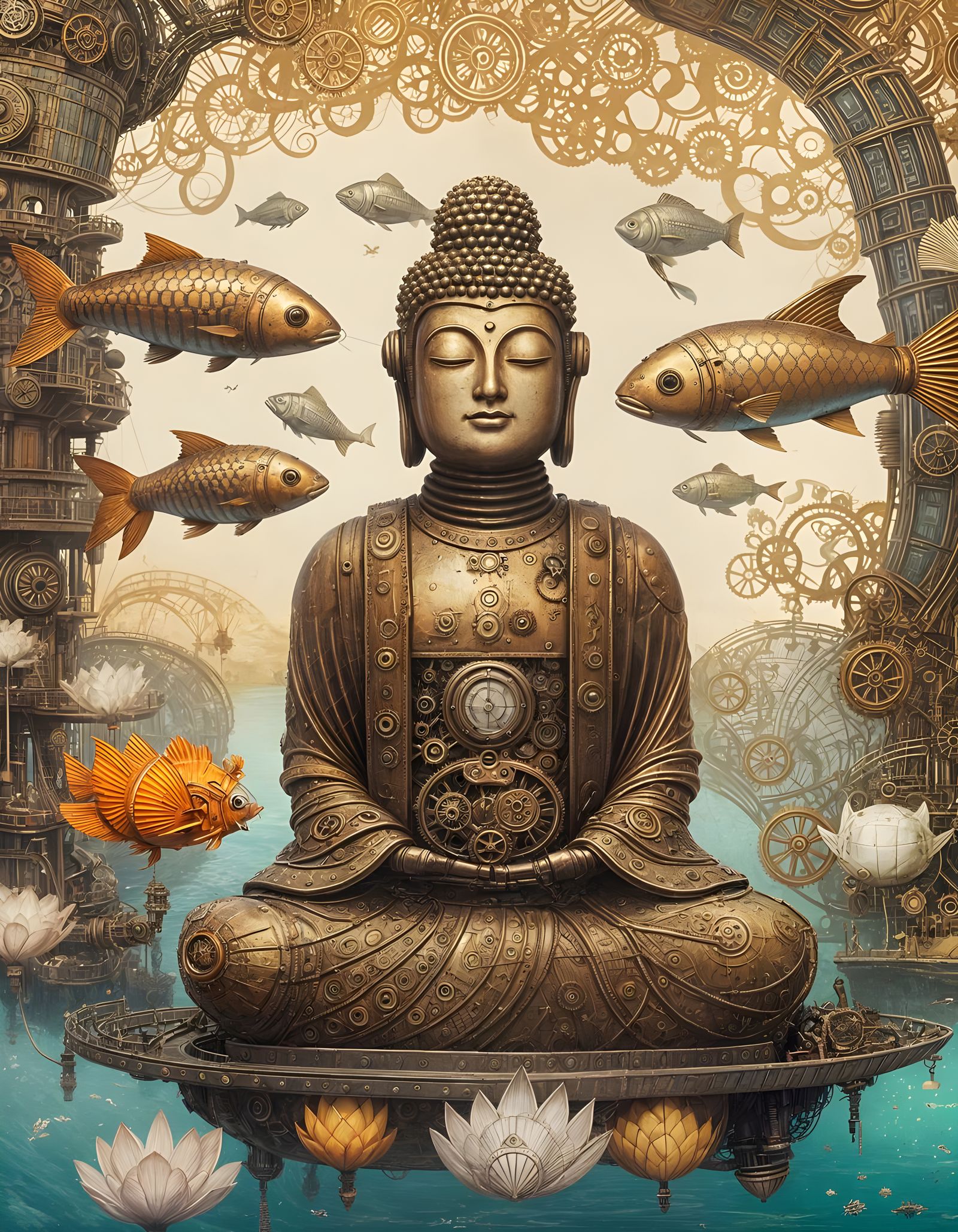 Steampunk Buddha Robot in Surreal Setting