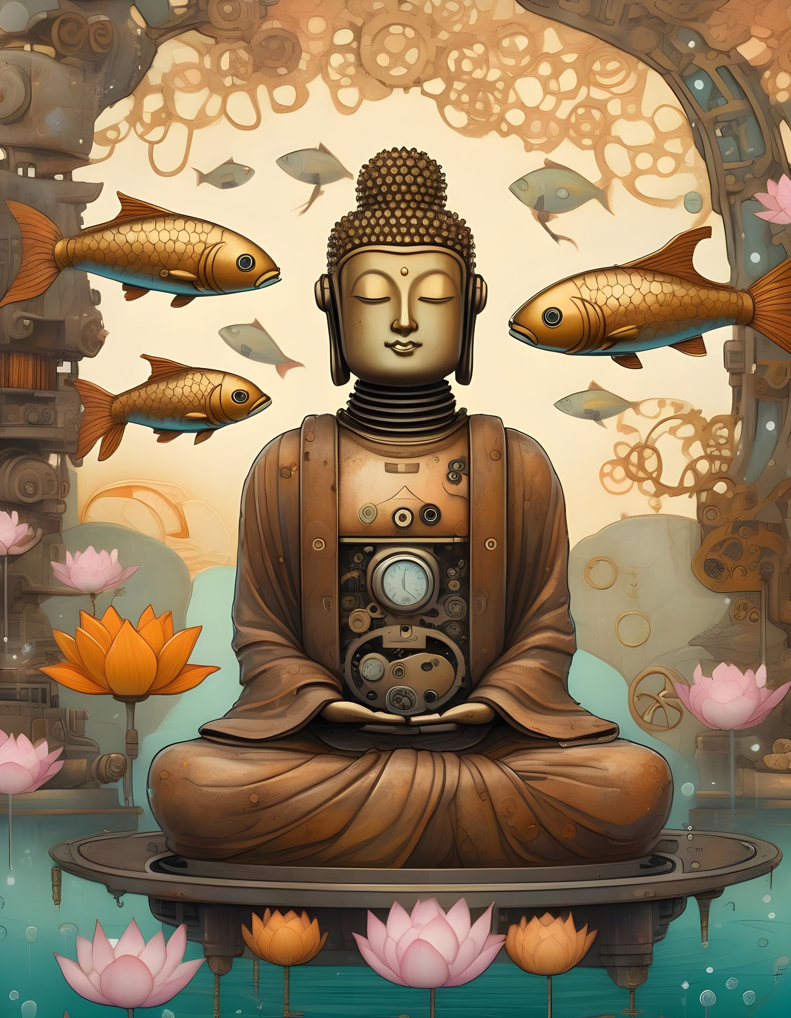 Steampunk Buddha Robot in Surreal Graphic Comic Style