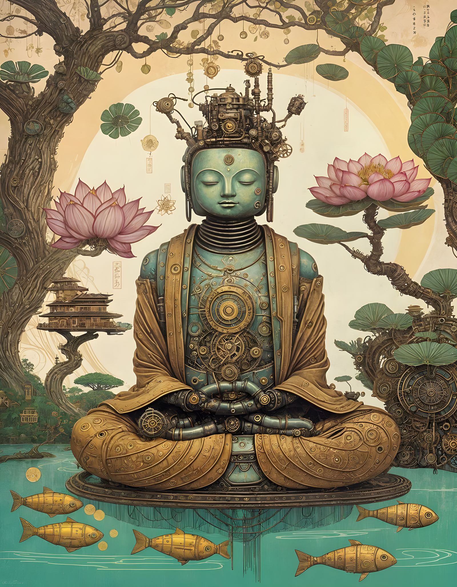 Steampunk Robot Buddha in Surreal Graphic Style