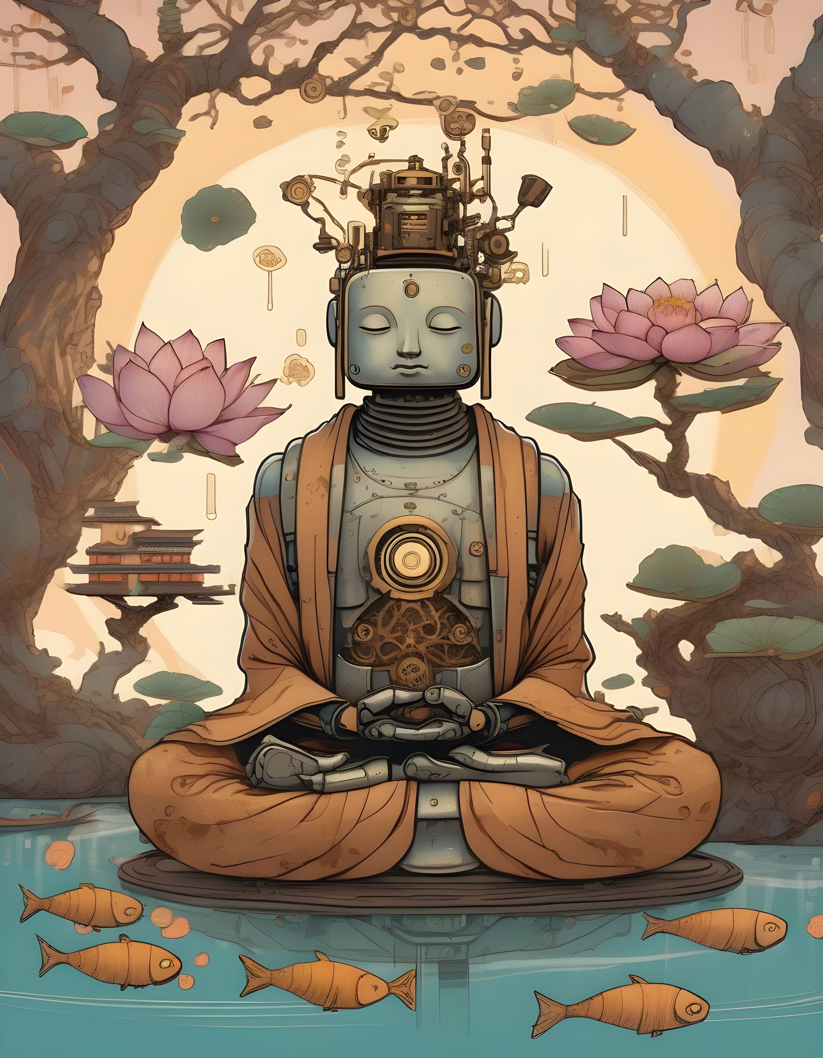 Steampunk Buddha Robot Meditating with Lotus Flowers