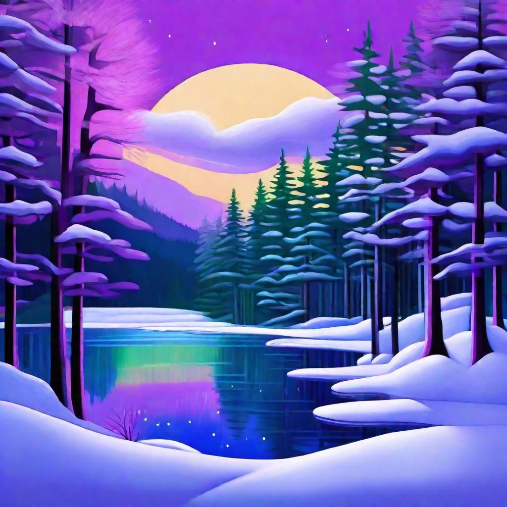 Winter Forest Lake Under Violet Auroras