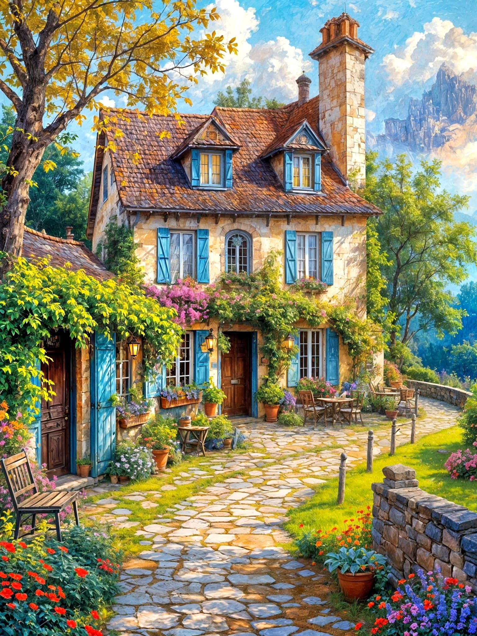 Oil painting of an old French countryside Inn