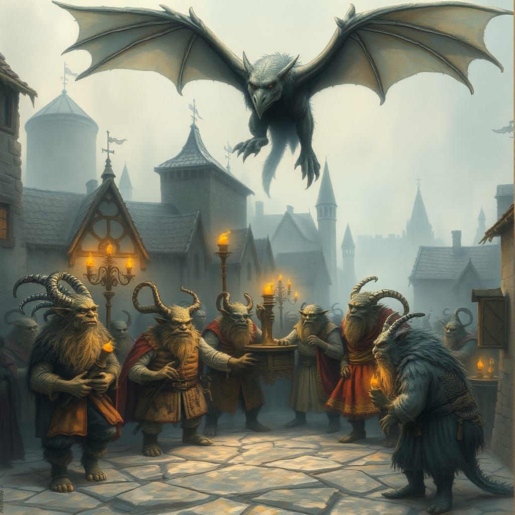 Medieval Celebration with Fell Beast in Watercolor Style