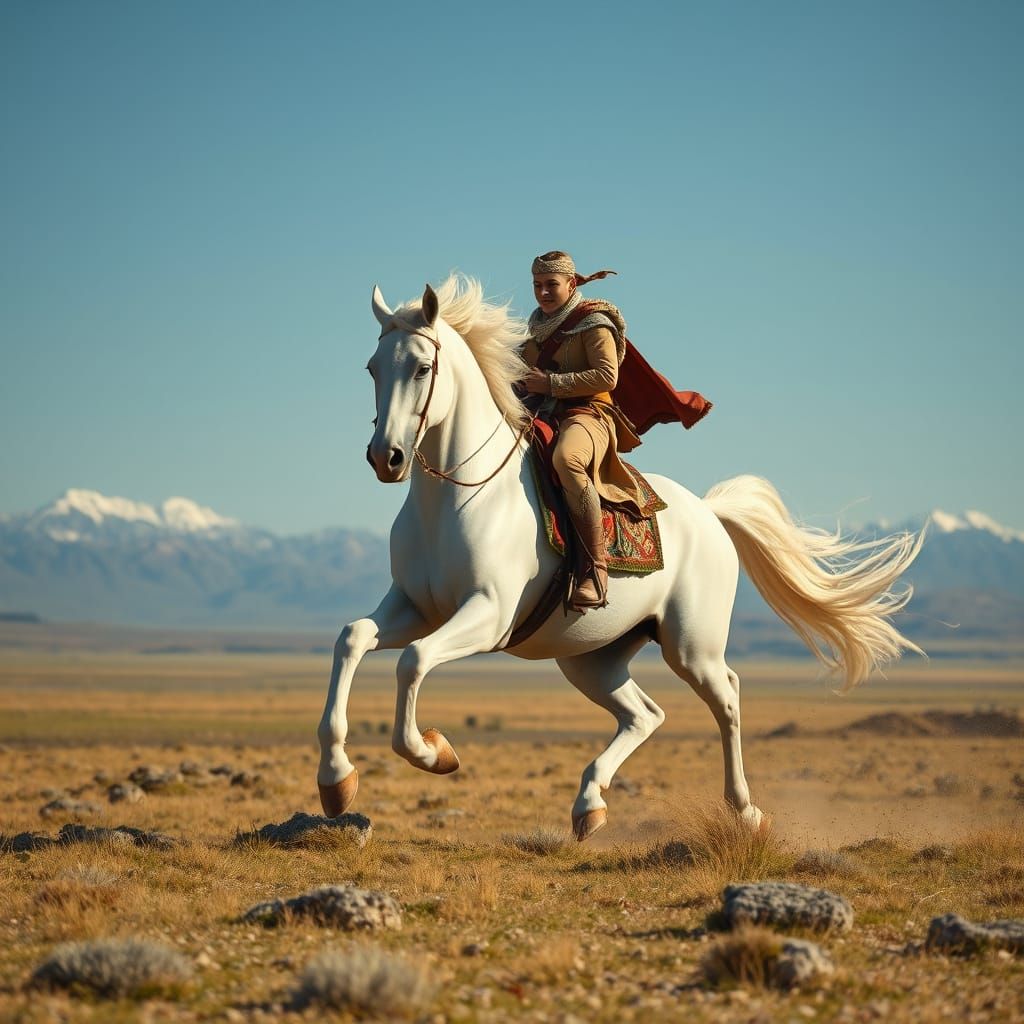 Spirited White Horse Gallops Across Endless Steppes in Cyber...