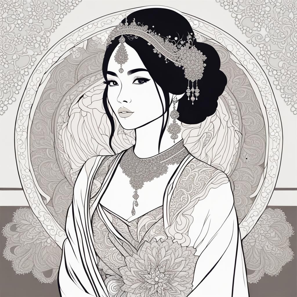Gorgeous Asian Bride Portrait in Monochromatic Line Art