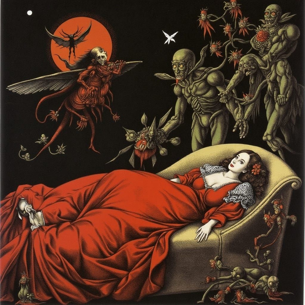 Surreal Woman in Crimson Bed Confronts Dark Demons in Gothic...