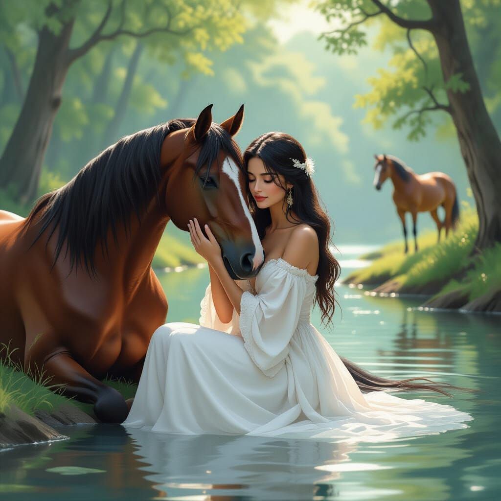 Woman Cuddling Horse on Riverbank in Whimsical Style