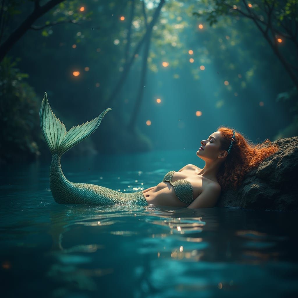 Mermaid in Magical Lagoon with Enchanted Fireflies
