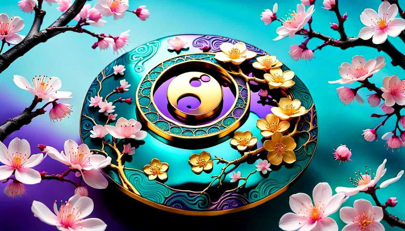 Yin Yang Cherry Blossom Sculpture in Enamel Style