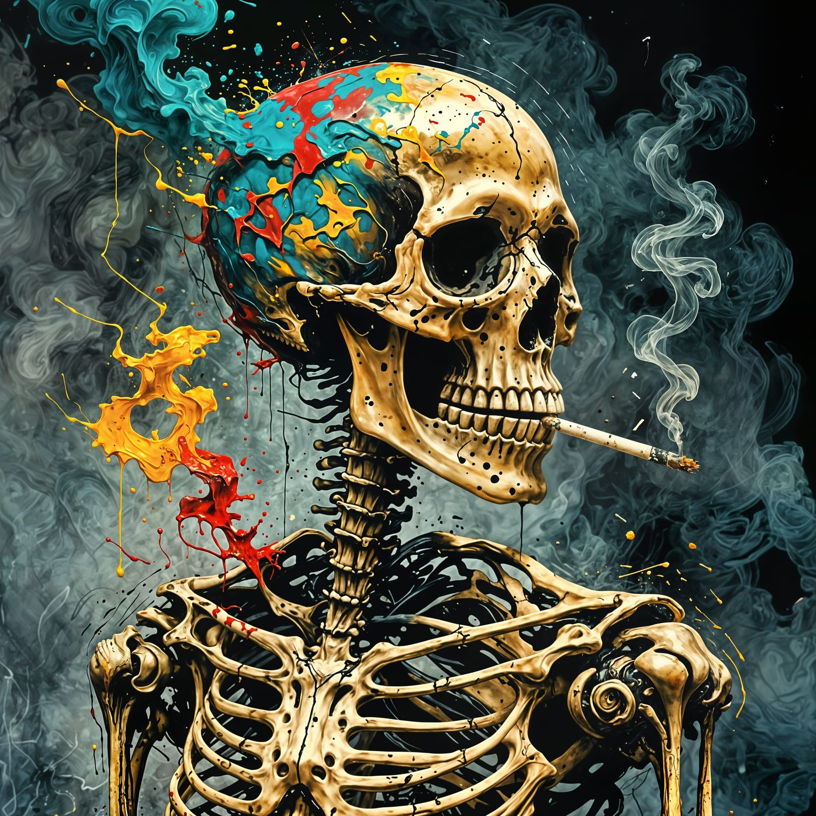 a Smoking Skeleton ~ Splatter Ink Art Style