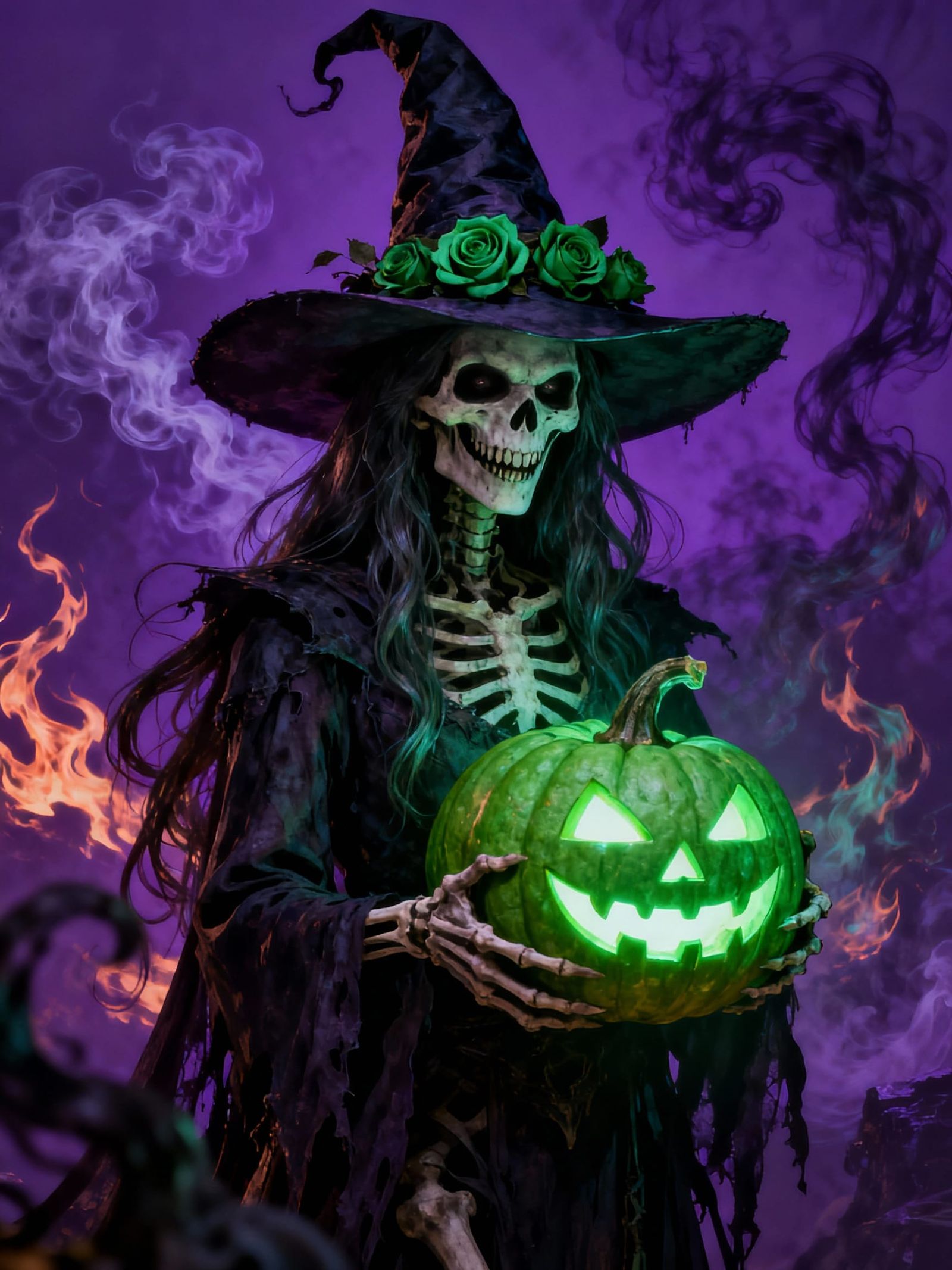 Skeletal Witch with Glowing Jack-o'-lantern in Gothic Style
