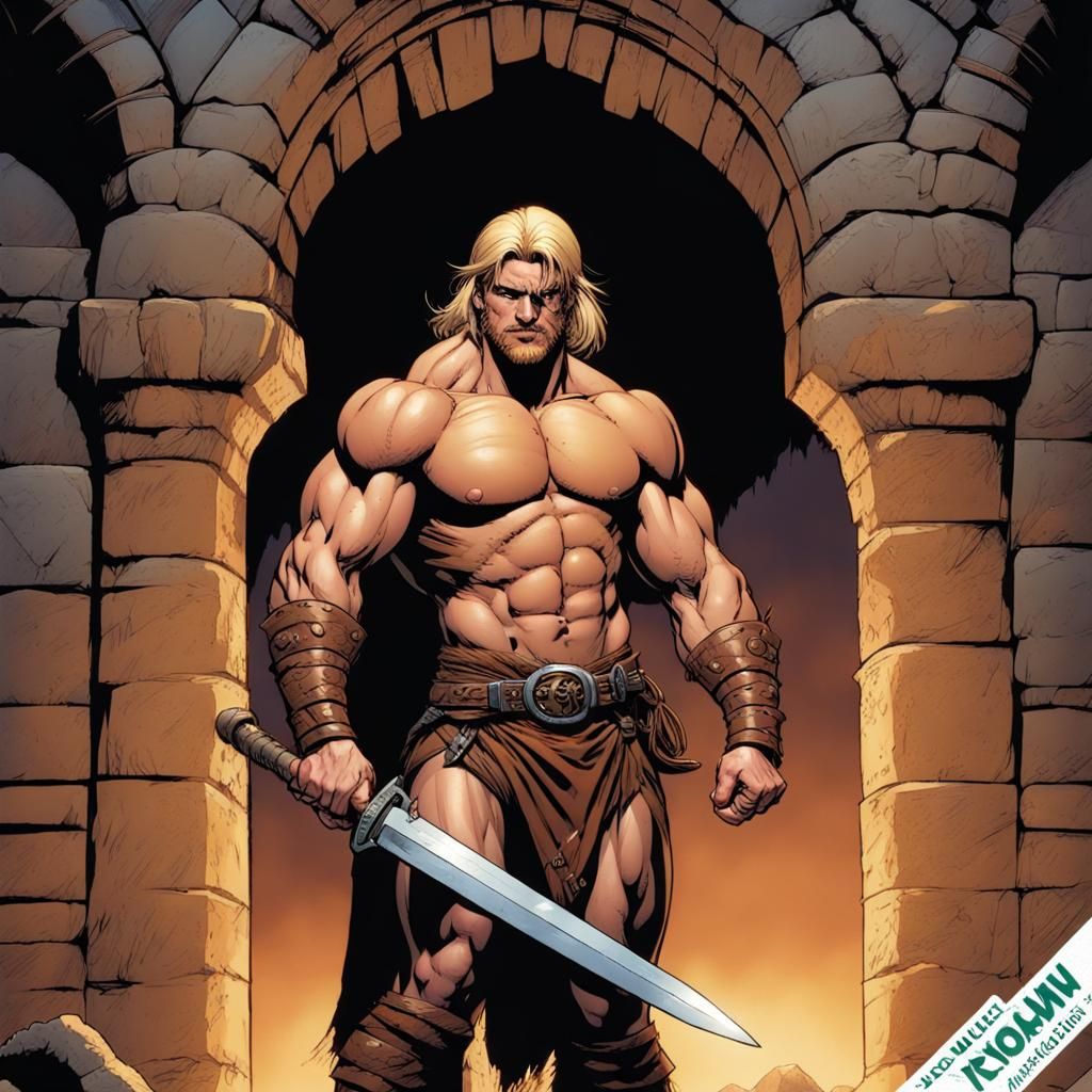 Barbarian Warrior in Stone Archway: Comic Book Art