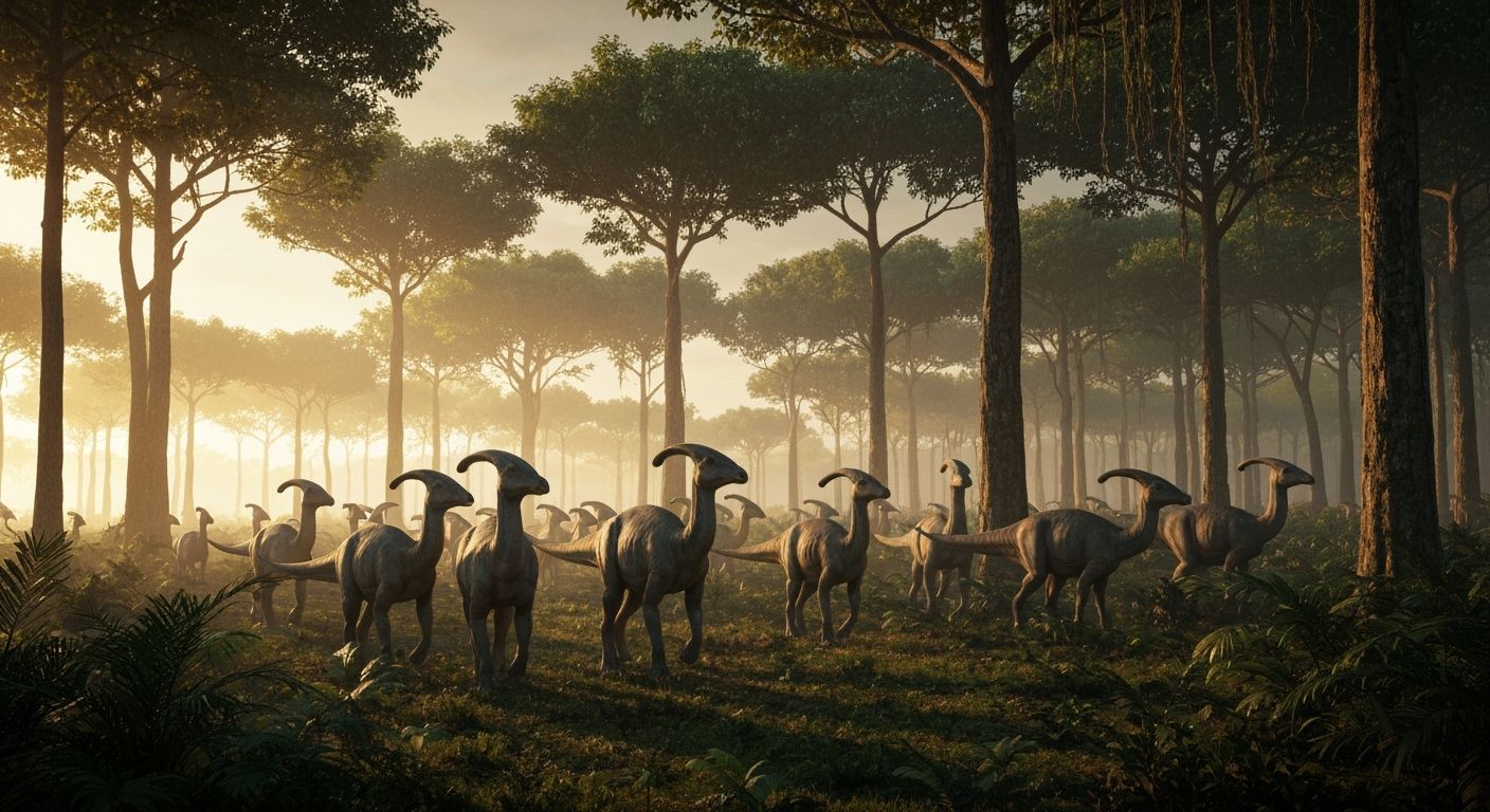 Parasaurolophus Migration Through Prehistoric Jungle