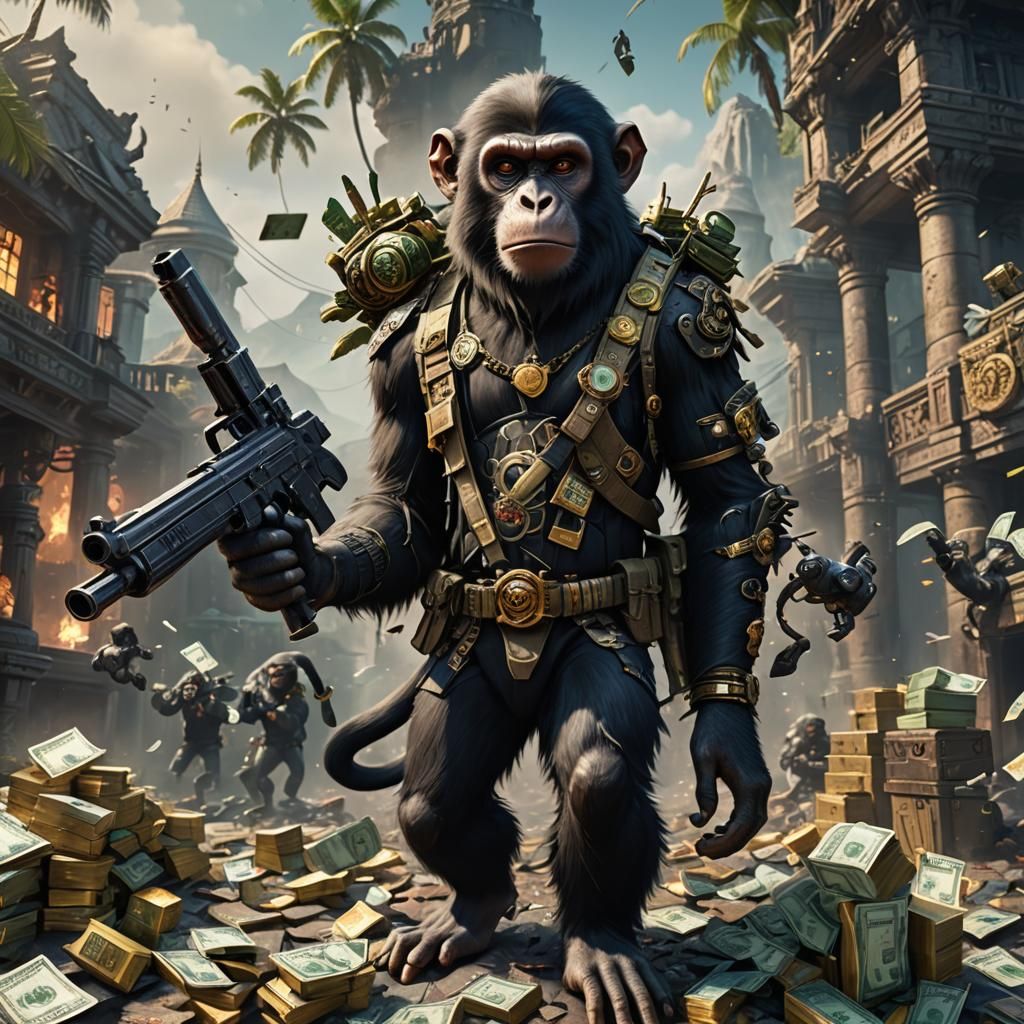 Monkey Surrounded by Guns and Cash in Detailed Painting