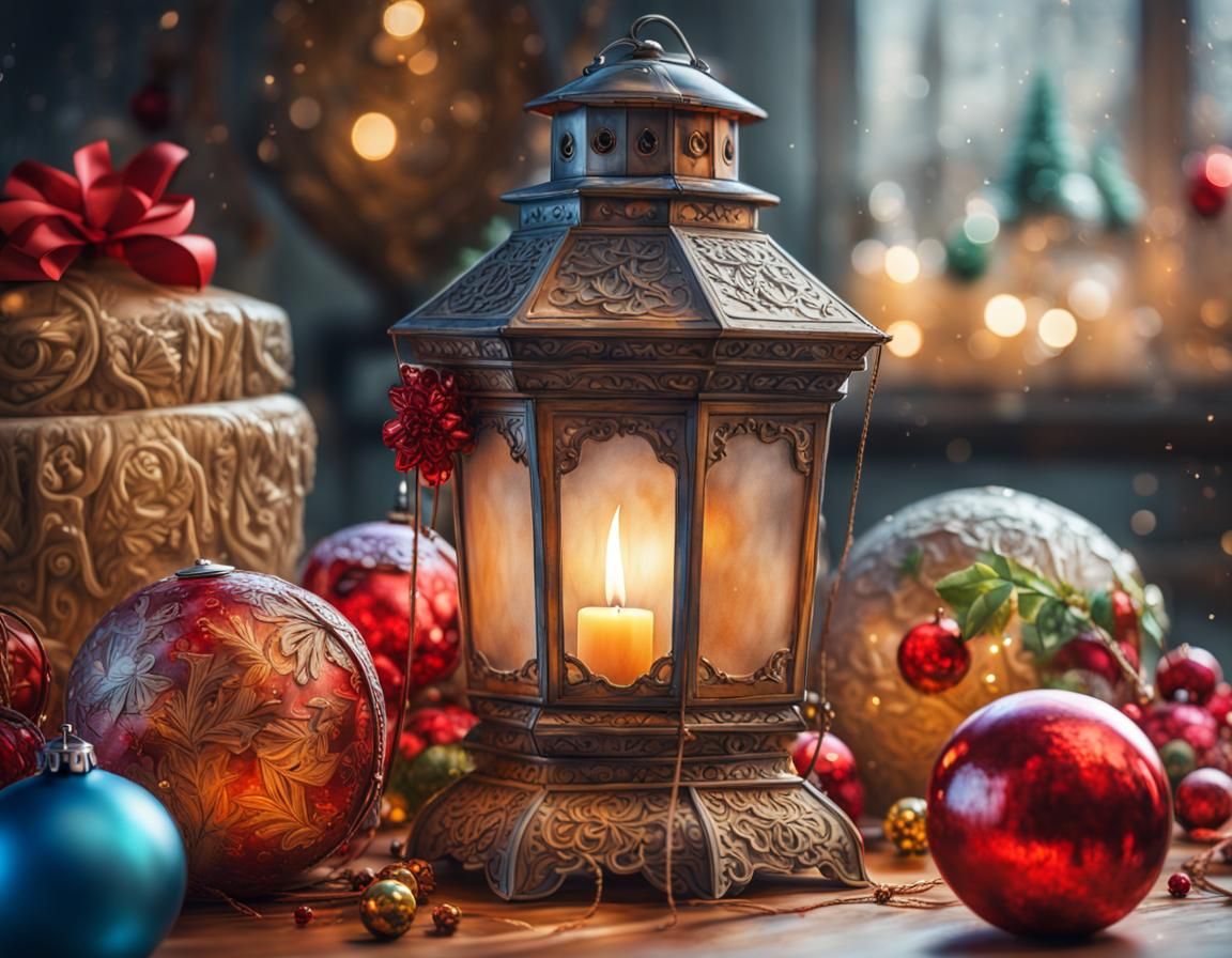 Festive Christmas Lantern Decoration in Watercolor