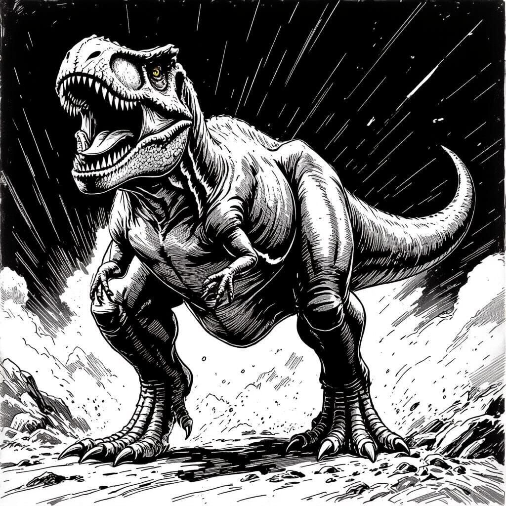 Roaring T-Rex: Detailed Black and White Line-Art Sketch
