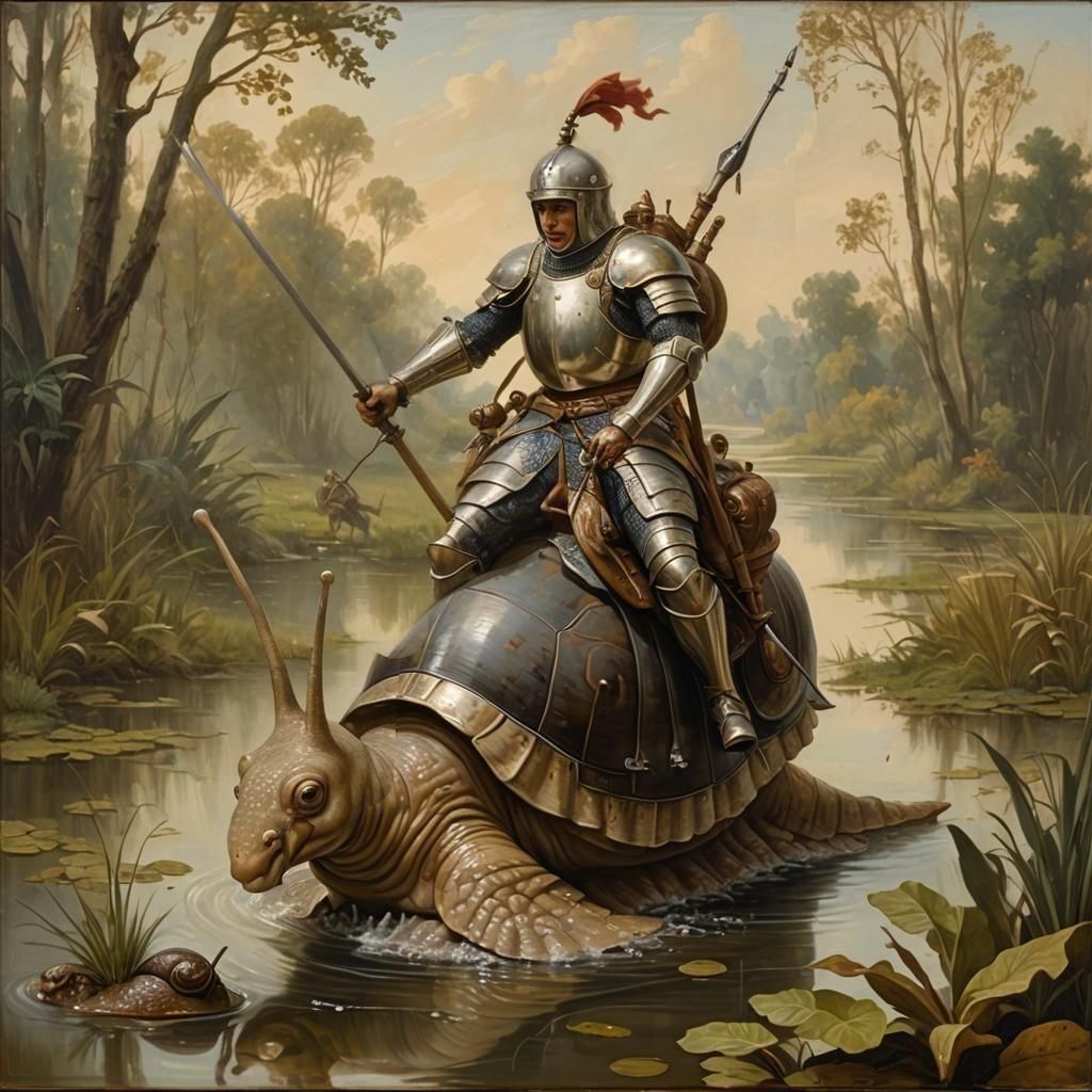 Armored Knight Jousts on Snail in Classical Oil Painting