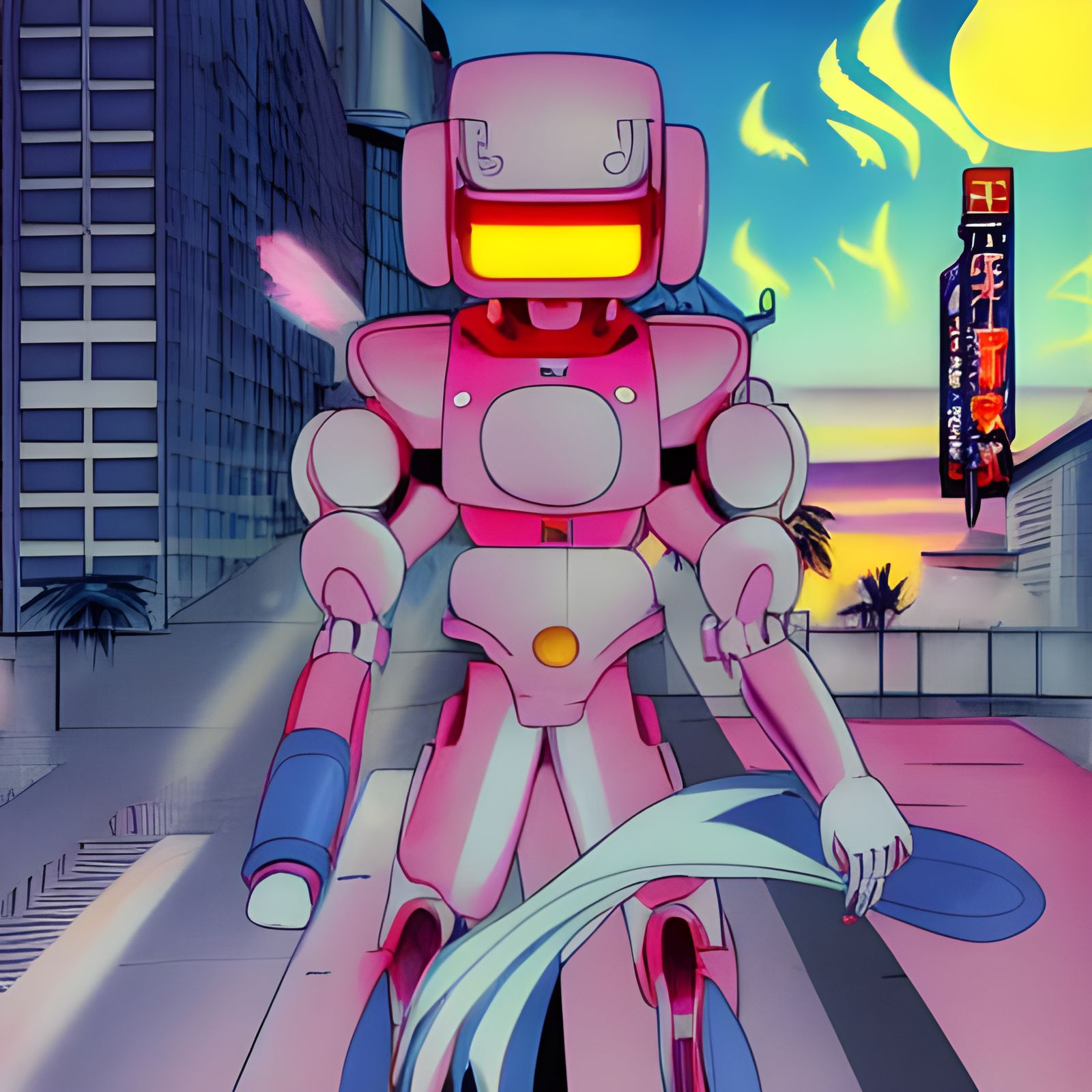 Robot Samurai in City at Night: 90's Anime Style