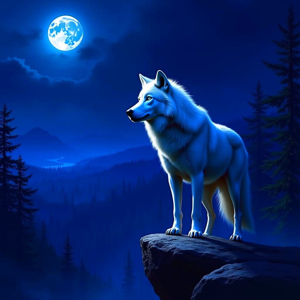 Majestic White Wolf in Ethereal Moonlight Forest