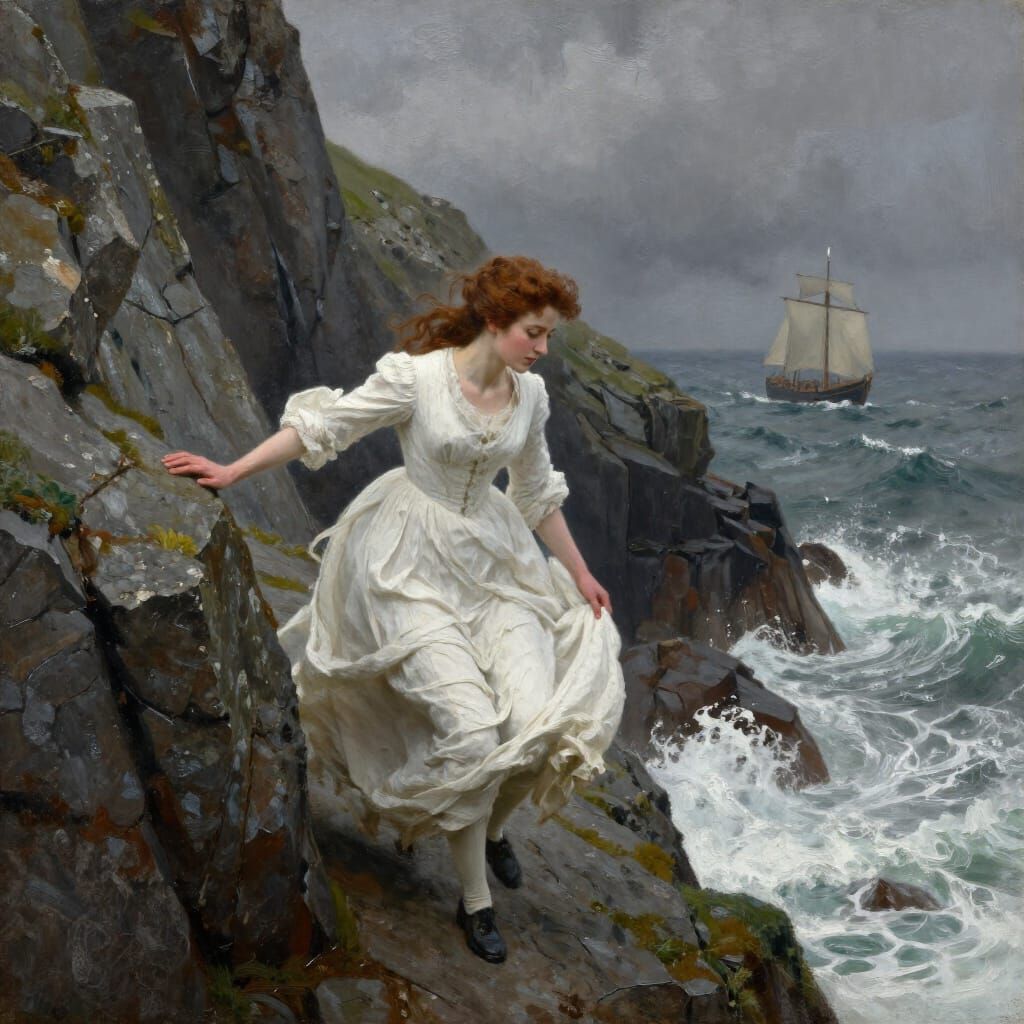 Regency Woman on Cornish Cliffs in Stormy Seas