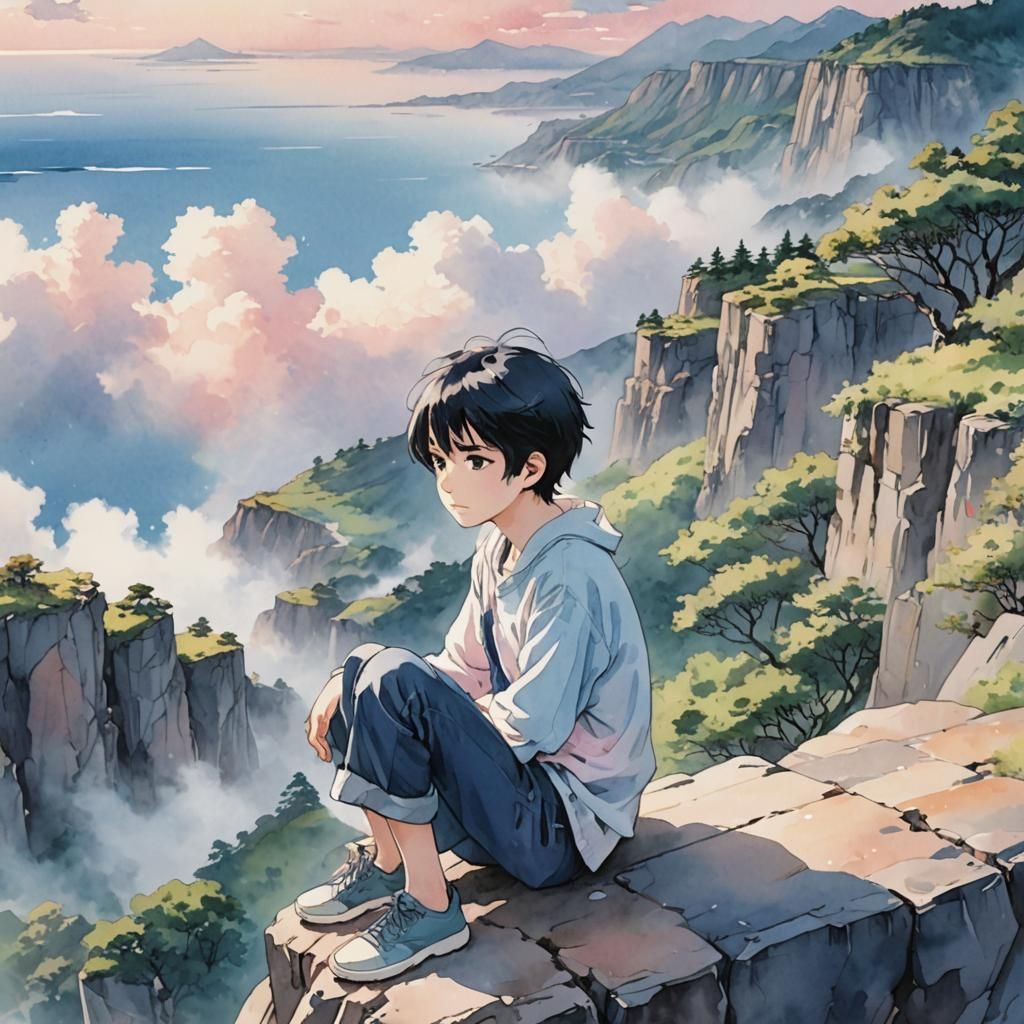 Manga Art: Young Man on Cliff in Pastel Hues