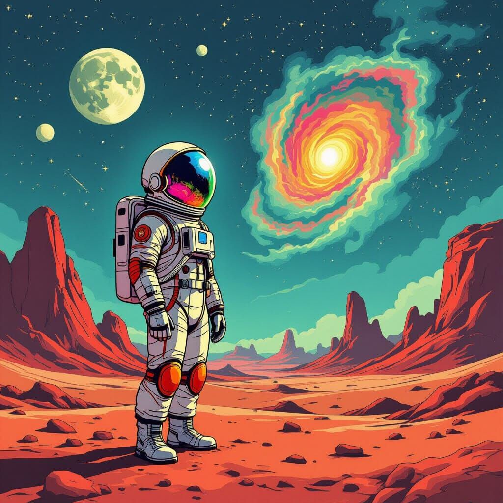 Astronaut on Alien Planet Reflecting Nebula