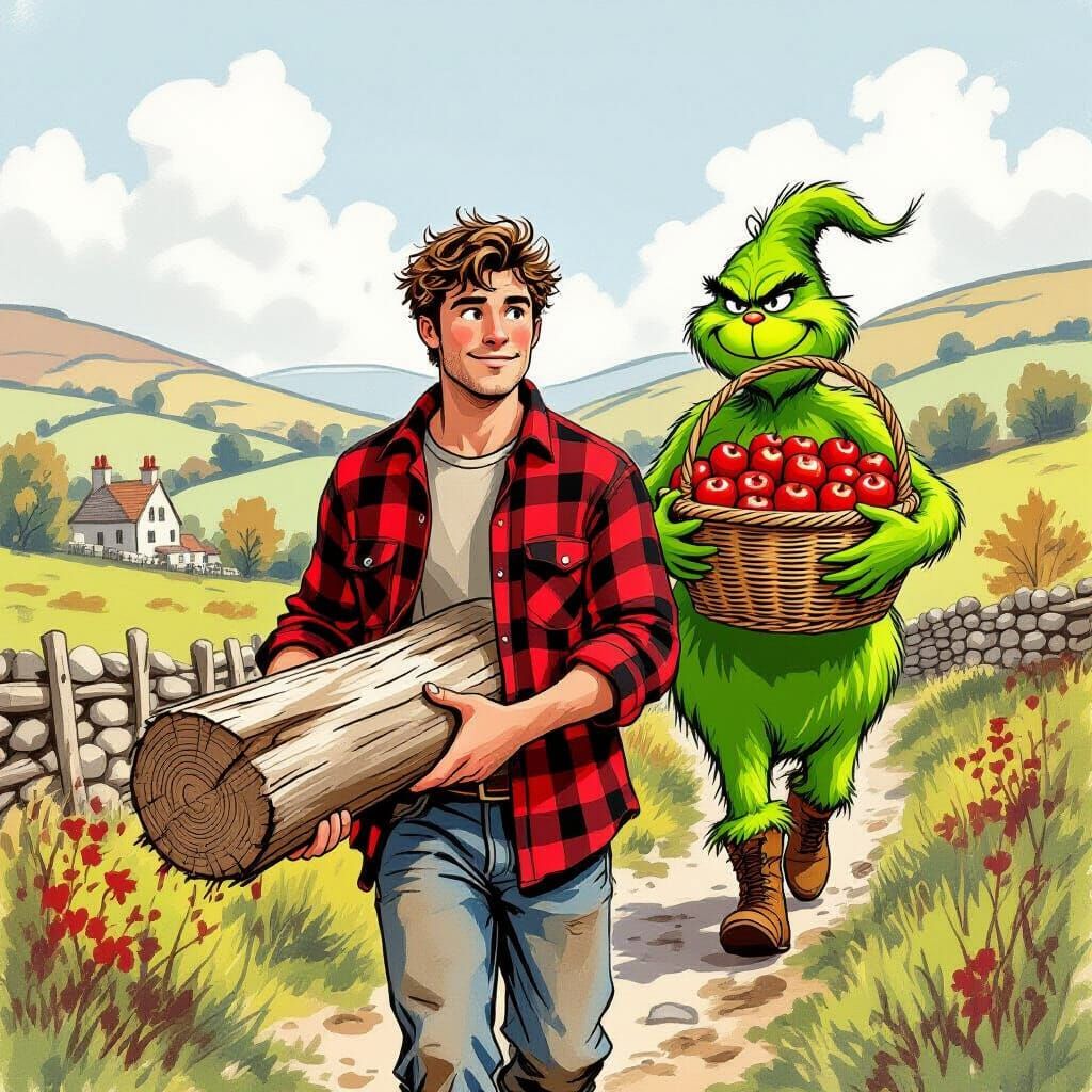 Man and Grinch in Yorkshire Dales, Whimsical Style