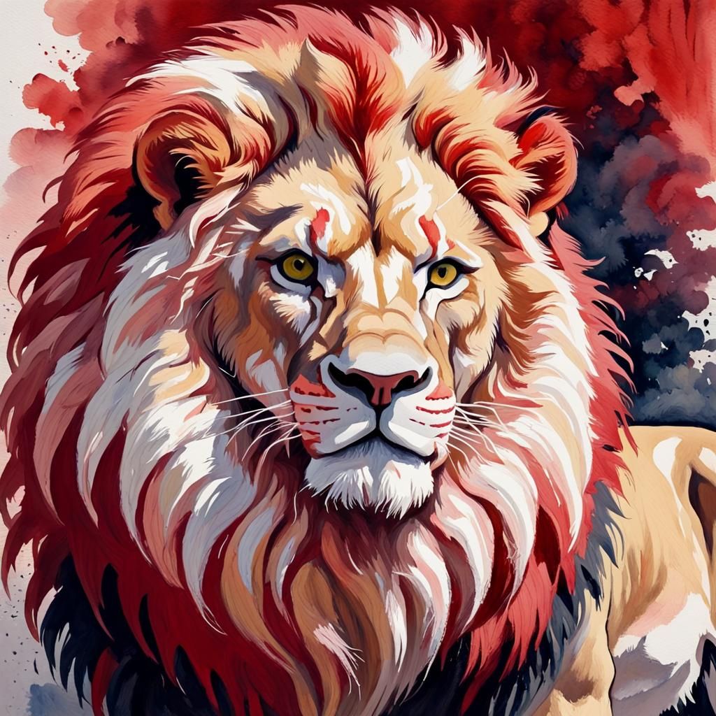 Crimson and White Lion in Gouache Style