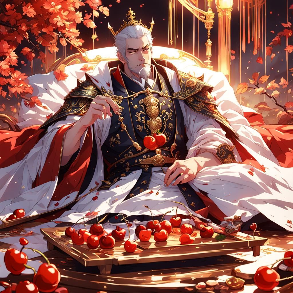 Fantasy Emperor Eating Cherries: Anime Style 3D Art