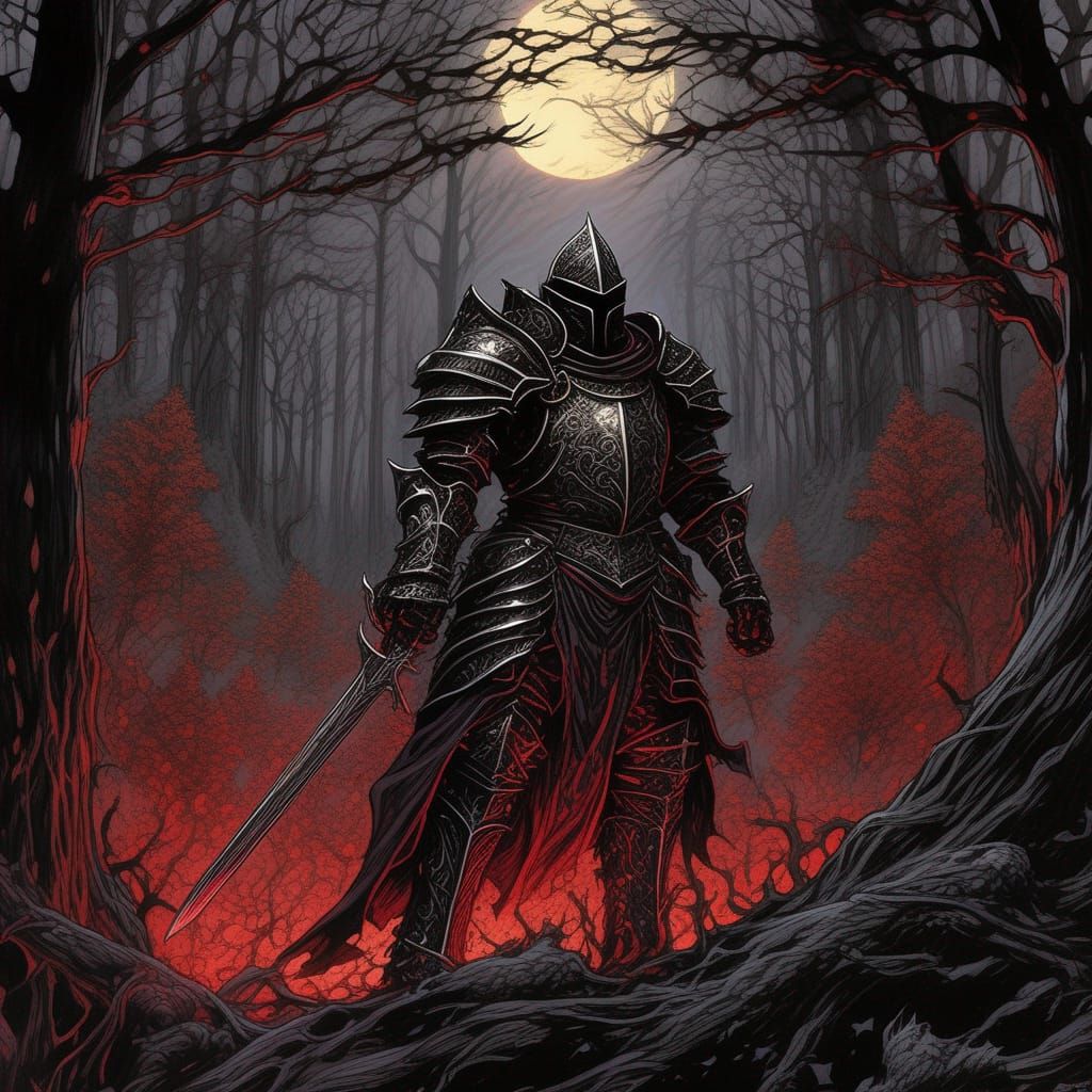 Grimdark Paladin in Twisted Forest: Gothic Dark Fantasy