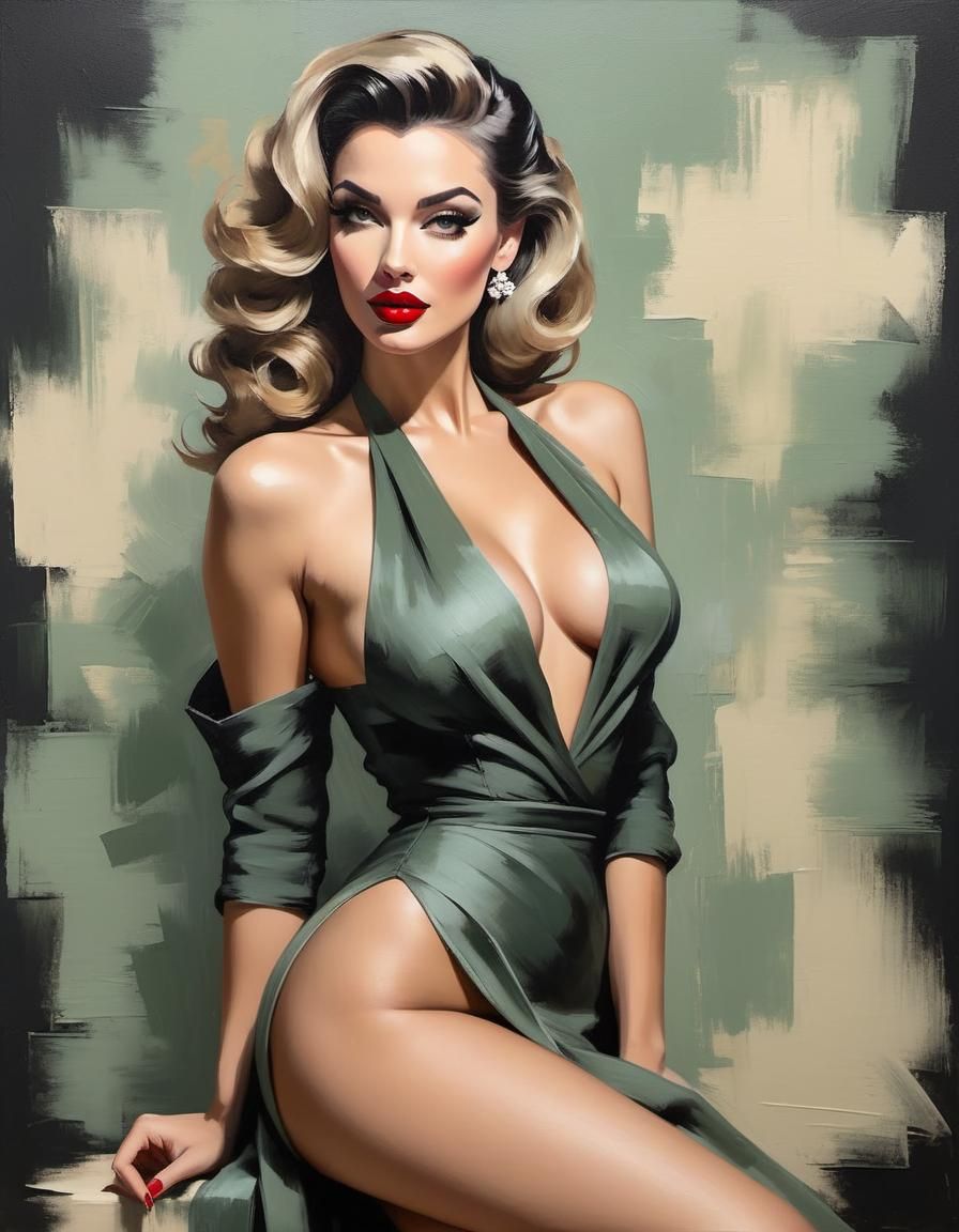 European Pinup Model in Impressionist Oil Painting Style