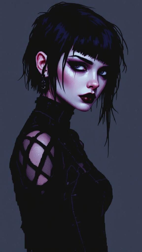 Pixelated Retro Goth Woman in Dark Violet