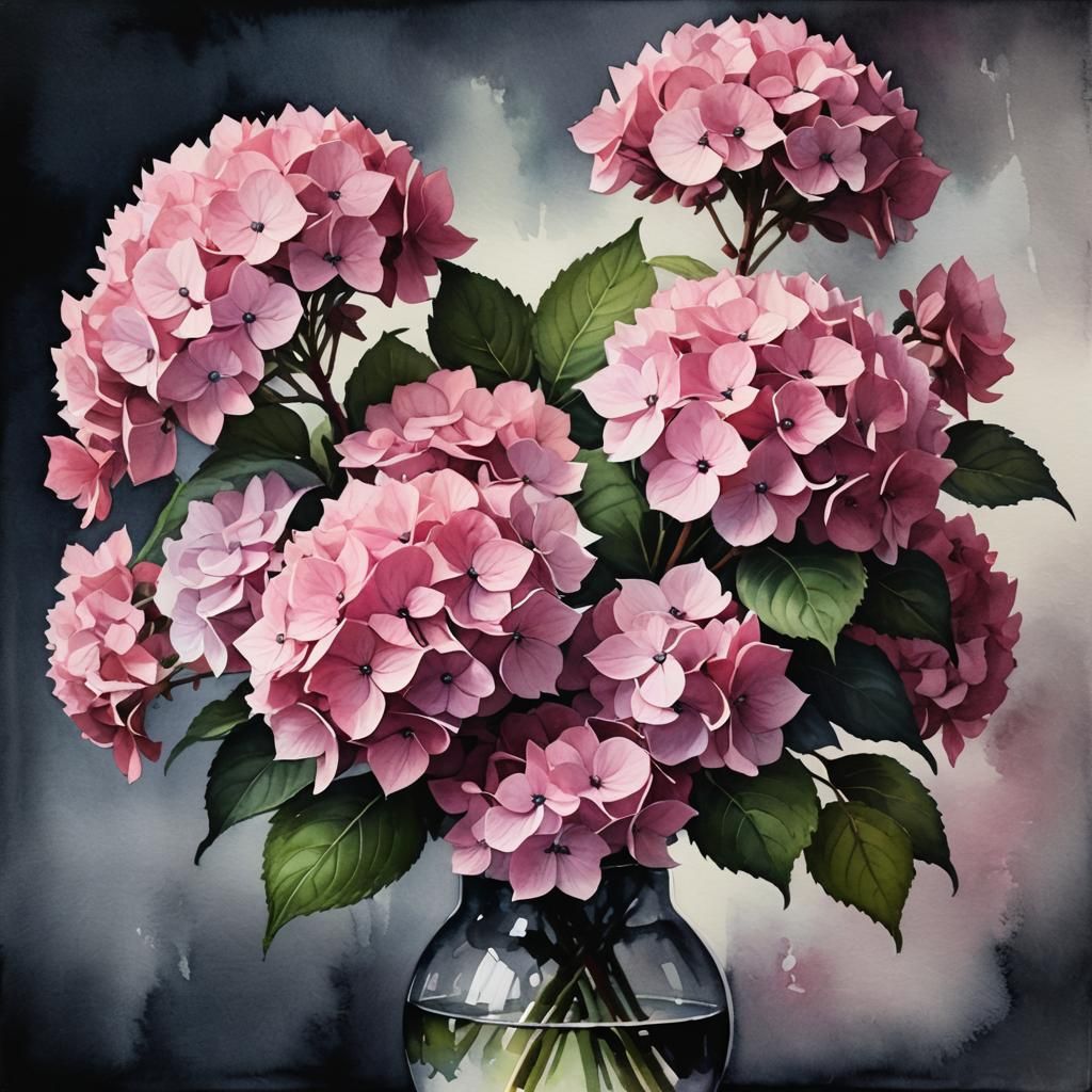 Moody Watercolor: Abstract Pink Hydrangeas in Vase