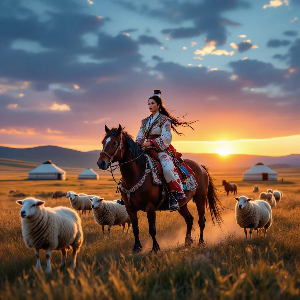 Mongolian Woman Herding Sheep on Sunlit Steppe