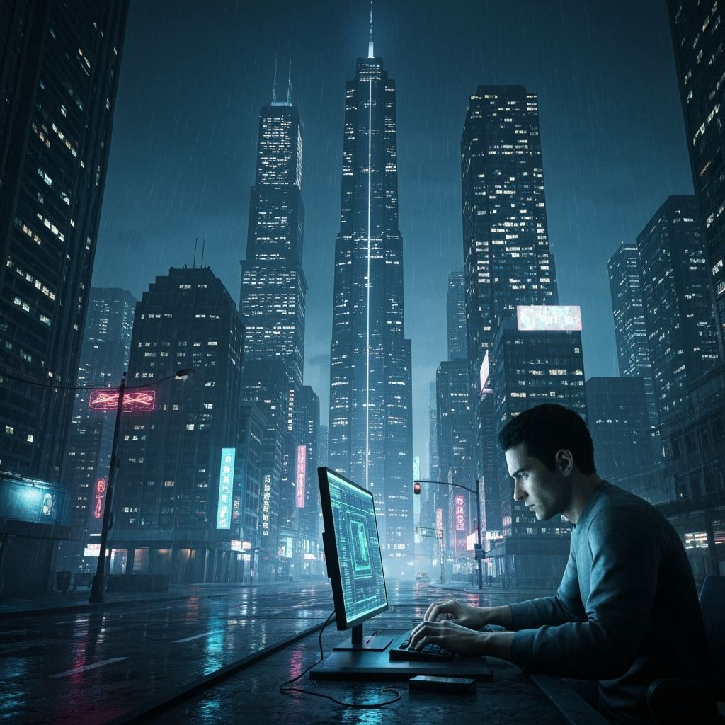 Cyberpunk Cityscape with Hacker in 3D Detail