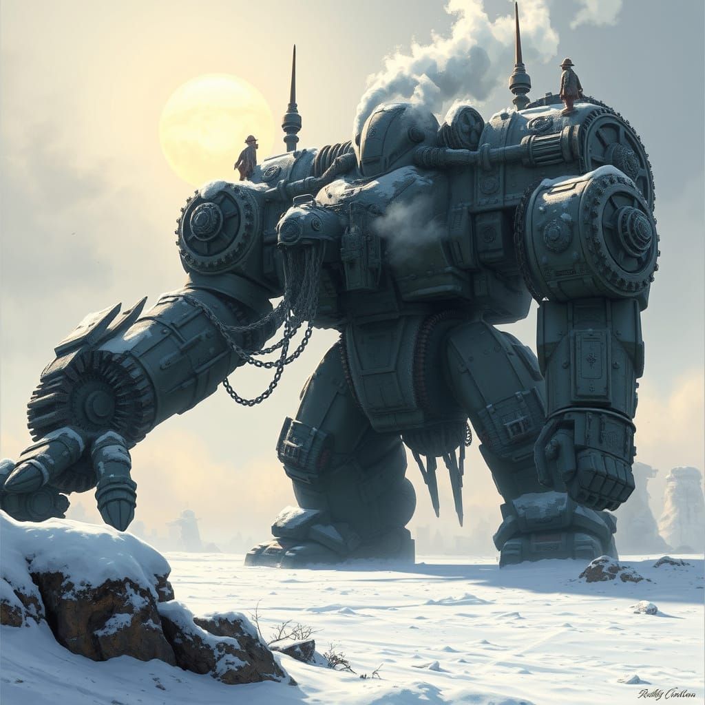 Ethereal Steampunk Golem Guards Frostbitten Wasteland