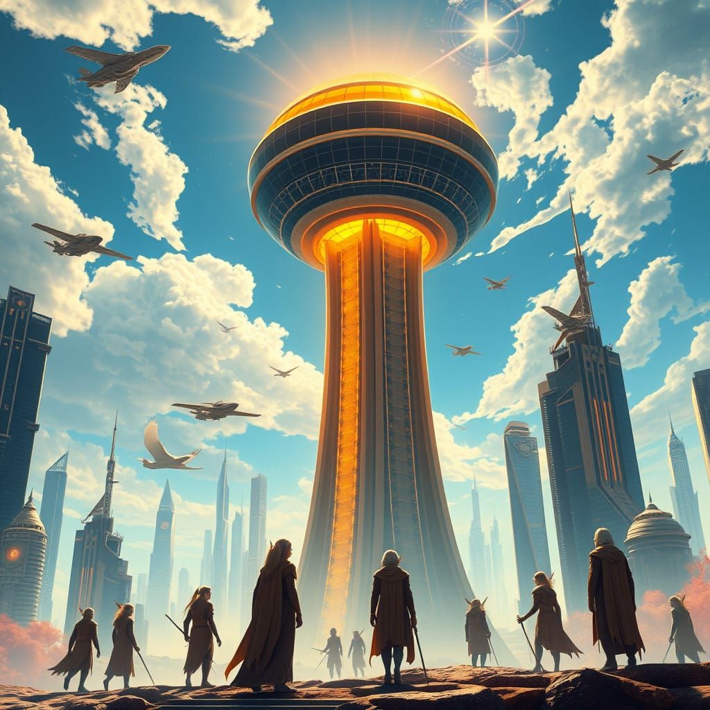 Elegant Elves Converge Around Radiant Solar Tower in Futuris...
