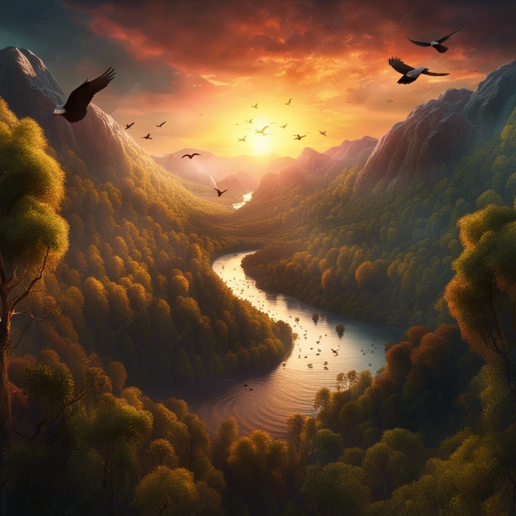Valley at Sunset with Birds in Flight