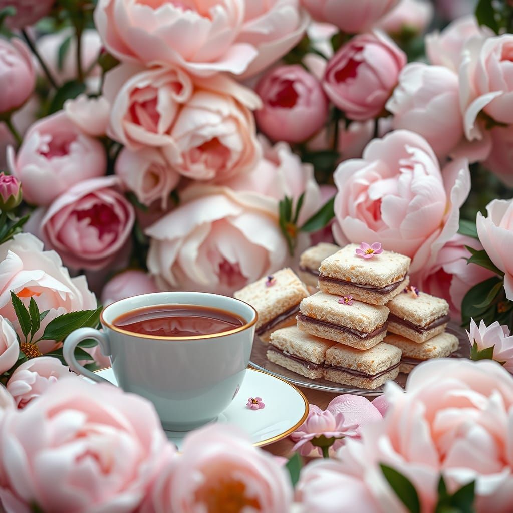 Hyperrealistic Tea Party in a Peony Garden