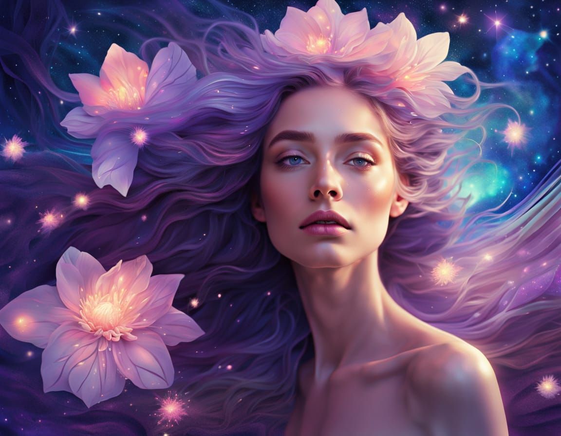 Surreal Cosmic Goddess Amidst Iridescent Blooms