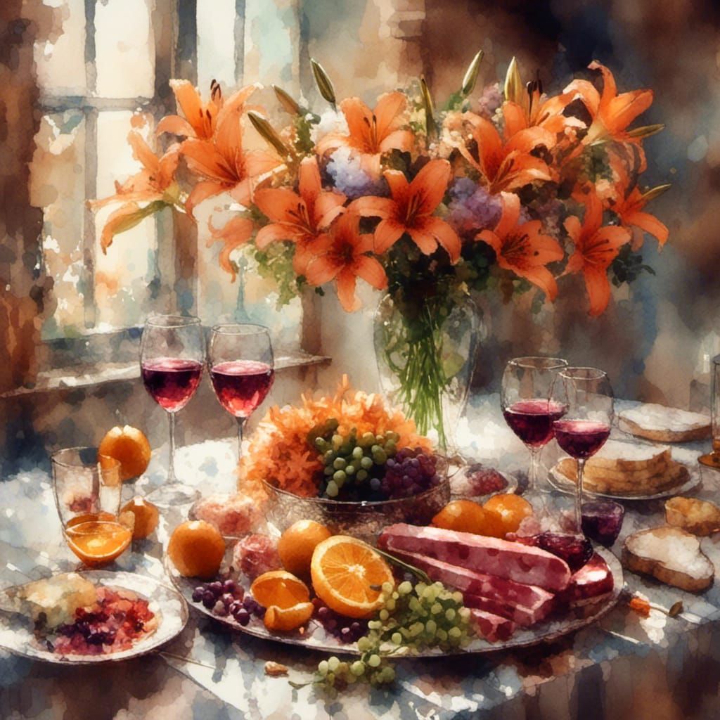 Impressionistic Watercolor Still Life with Wine and Lilies