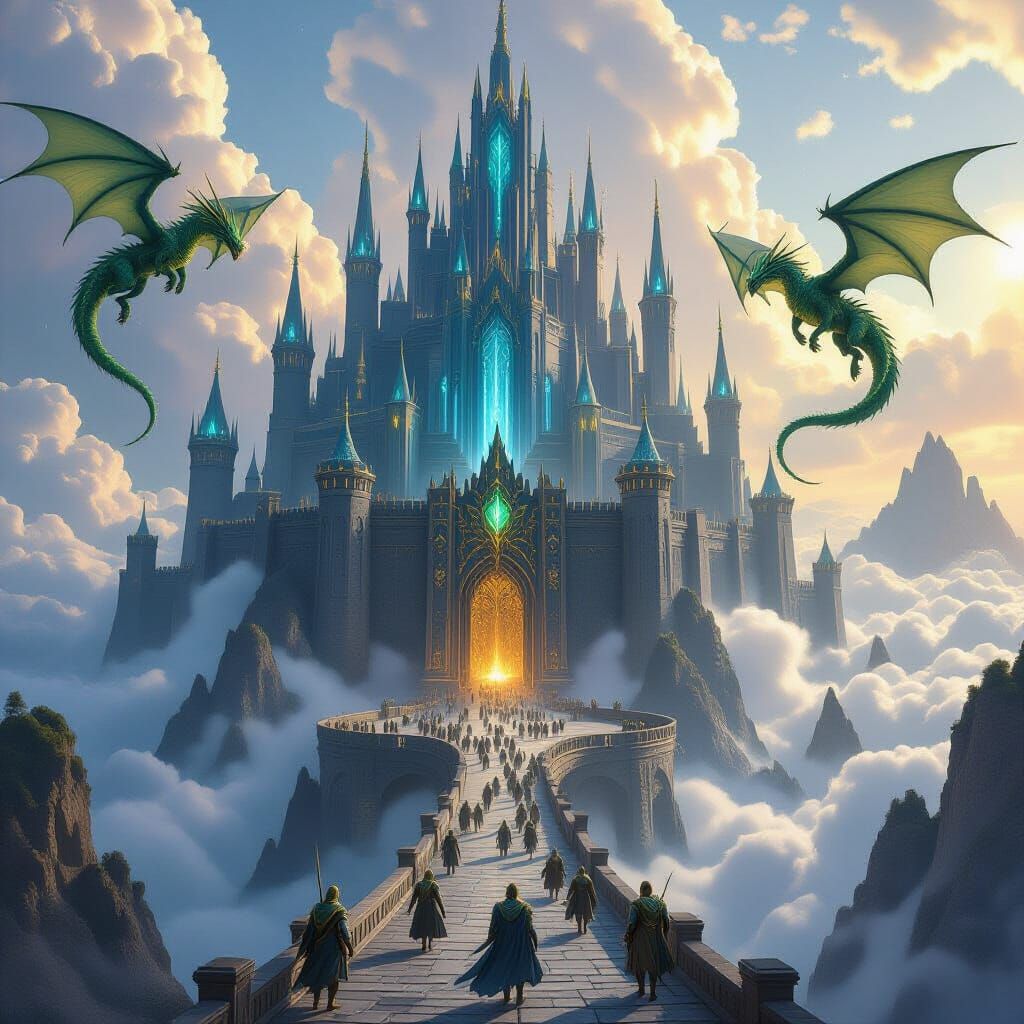 Obsidian Mountain Fortress Above Clouds with Dragons