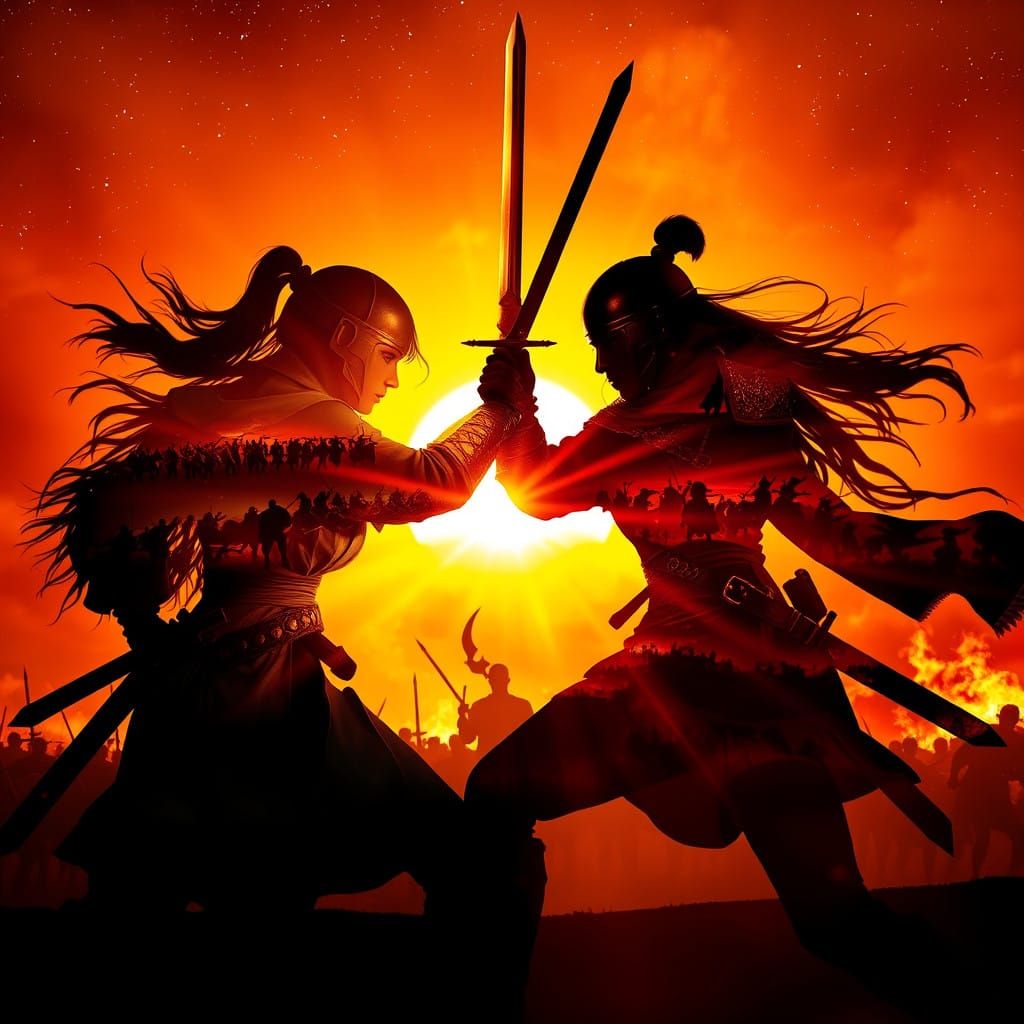 Surreal Double Exposure of Epic Warrior Silhouettes