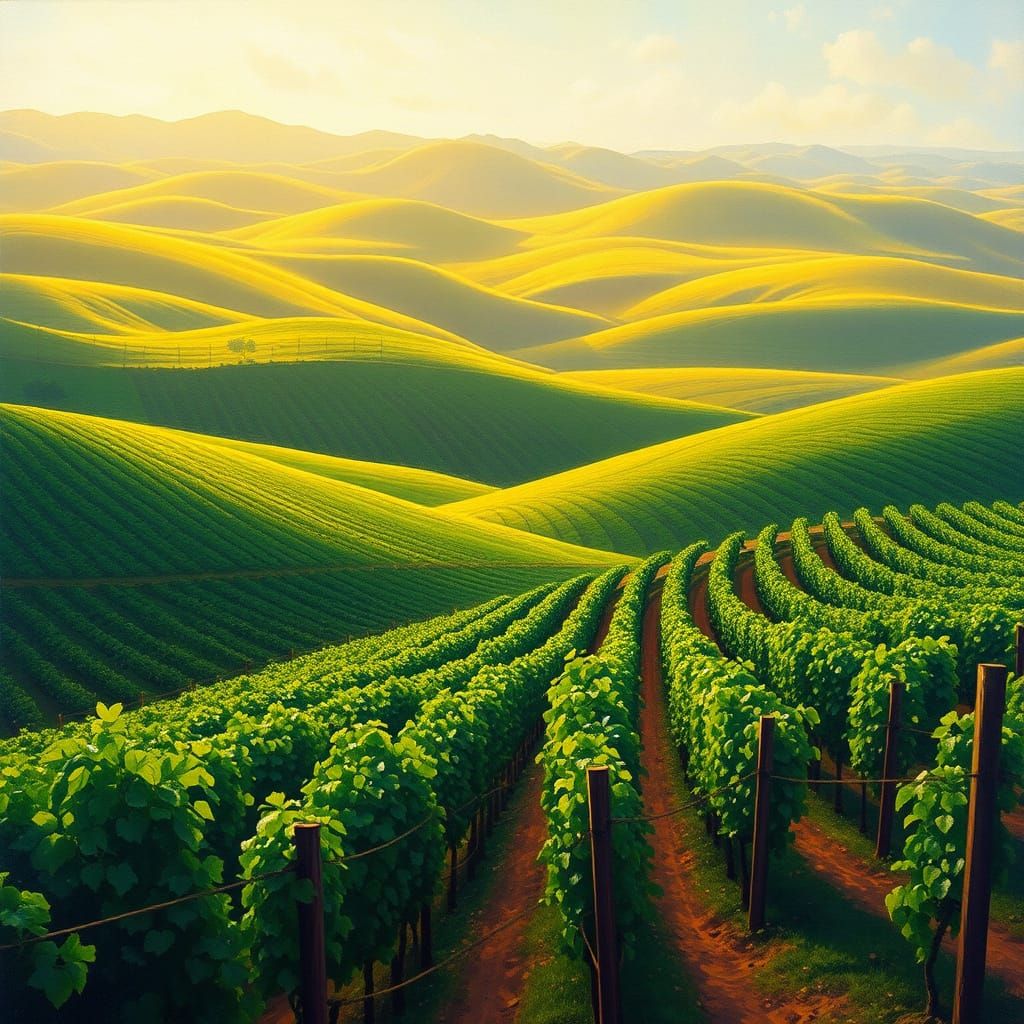 Impressionist Vineyard Landscape in Warm Sunlight