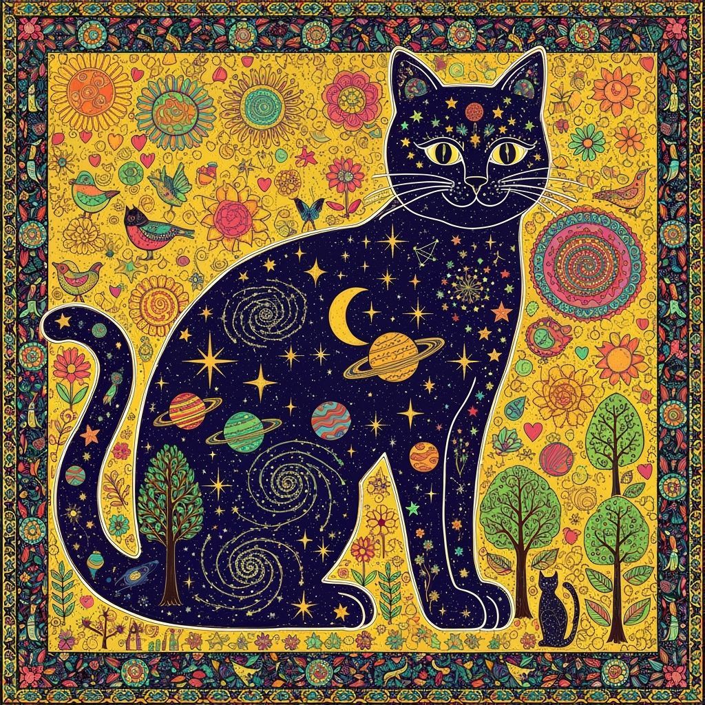 Mystical Folk Art Cat Silhouette Filled With Night Sky
