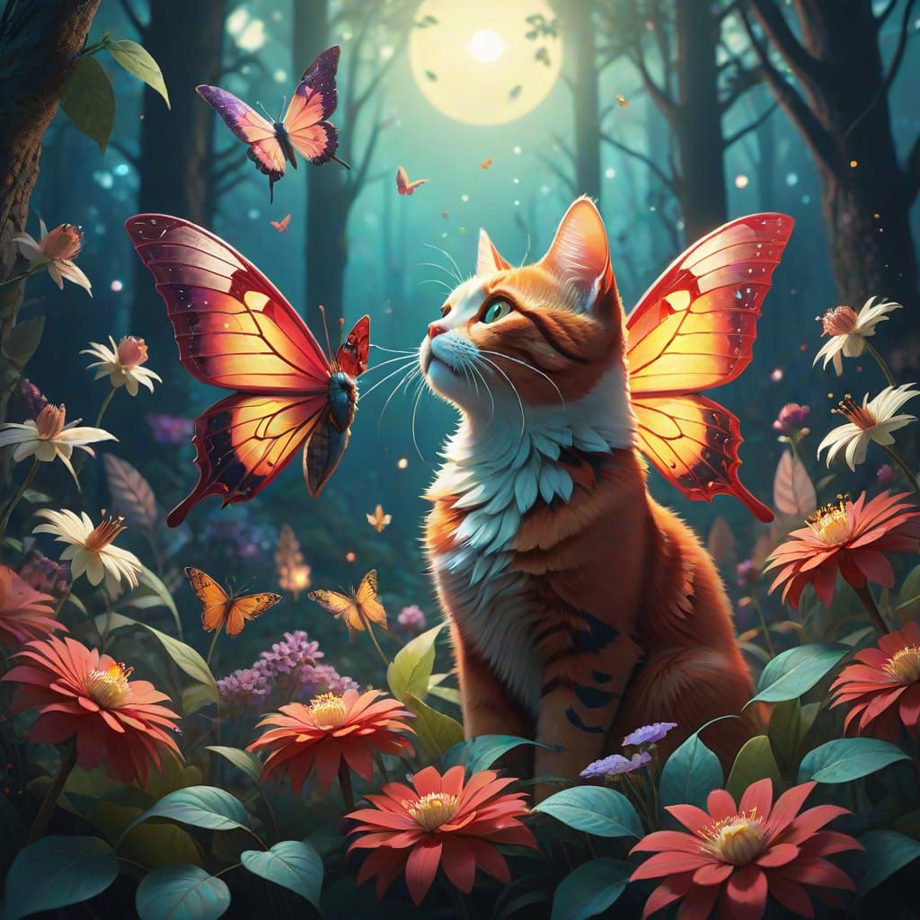 Enchanting Star-Shaped Mandala of Whimsical Cats and Flowers