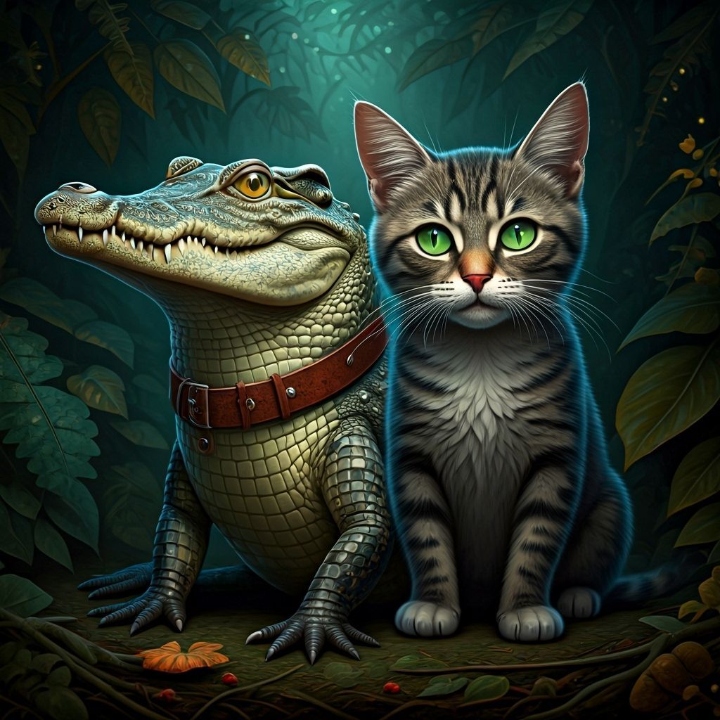Mystical Forest Scene: Crocodile and Cat Together
