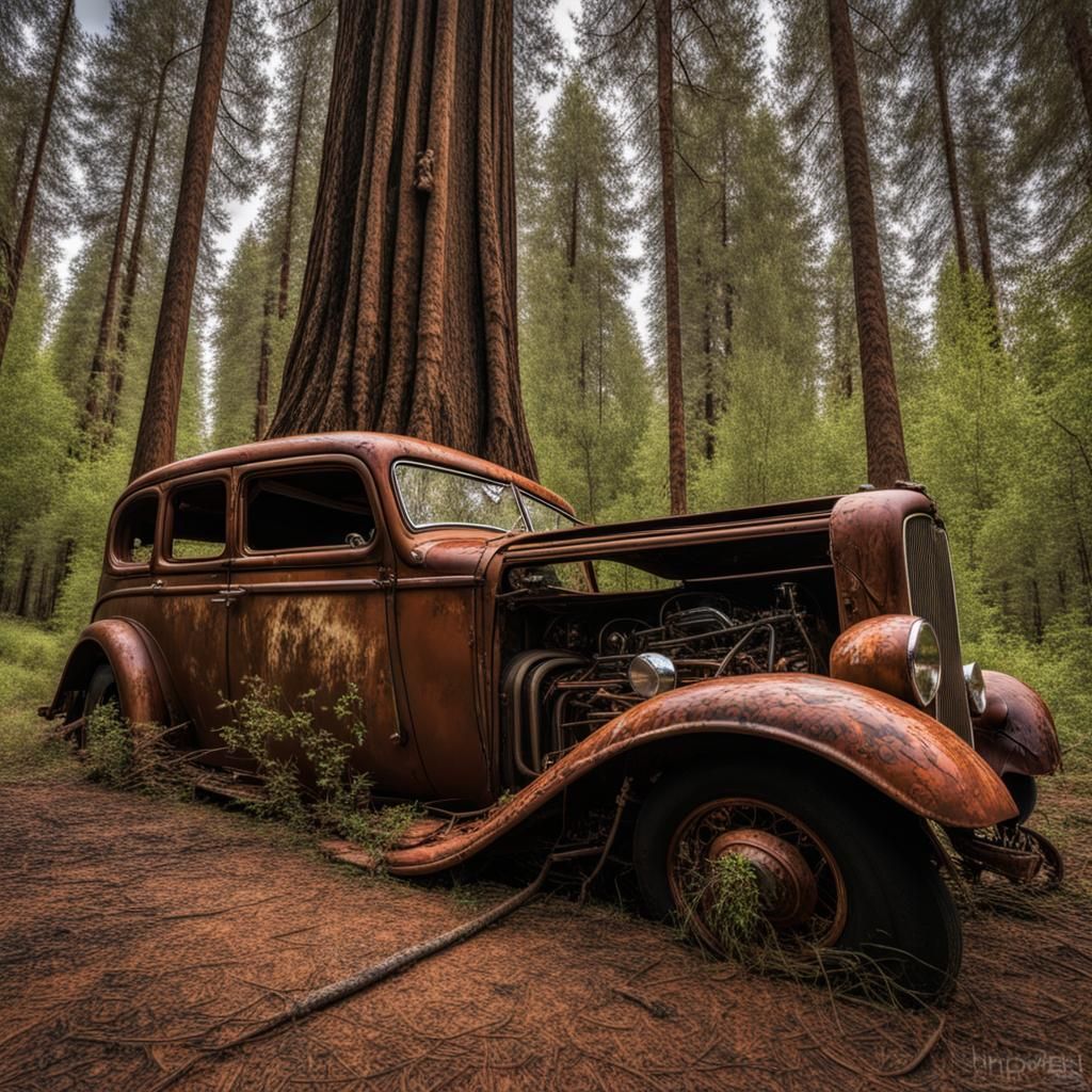 Abandoned Hot Rod in Overgrown Forest, Hyperrealistic